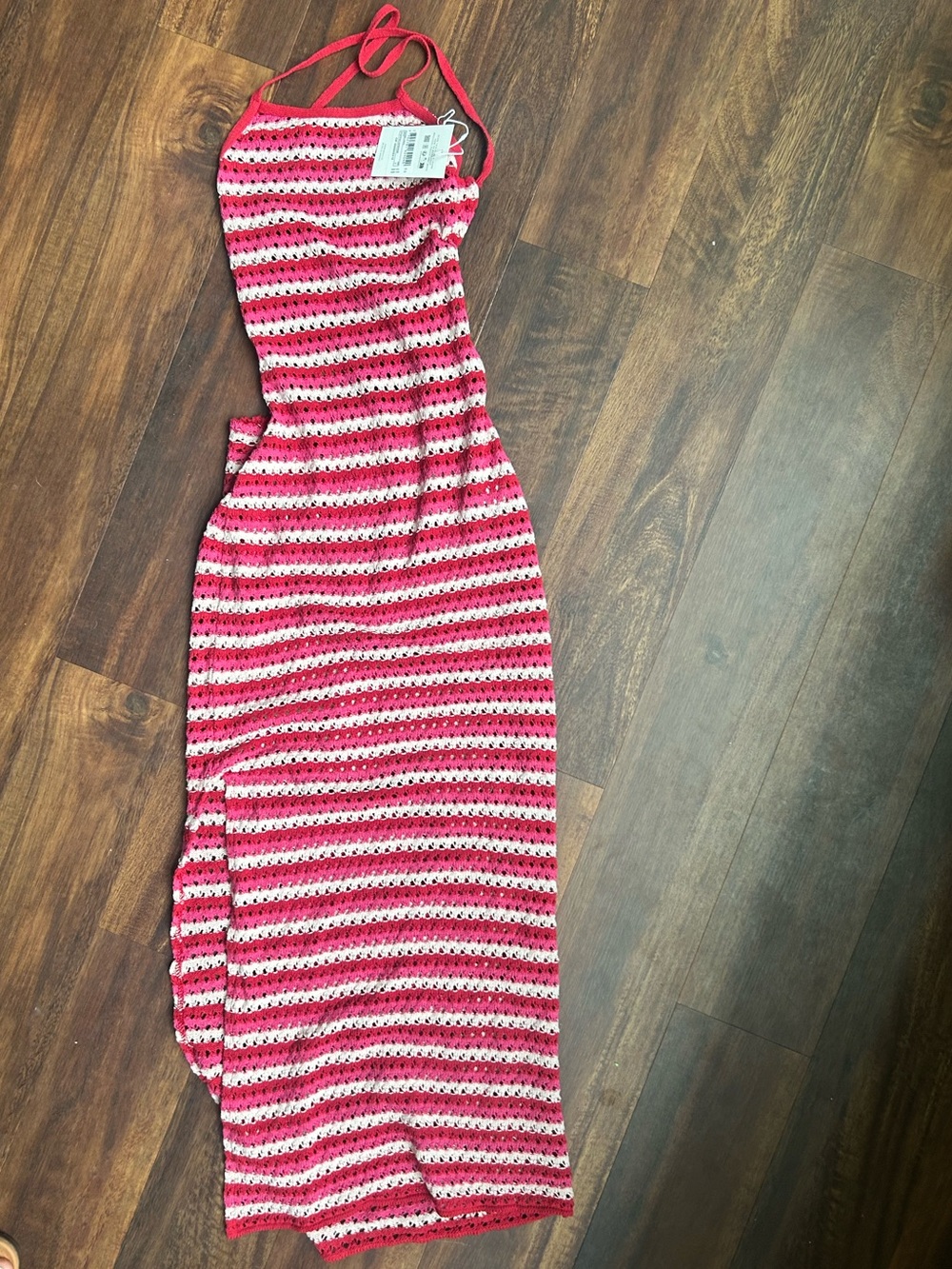 Maaji Pink & White Striped Crochet Halter Dress